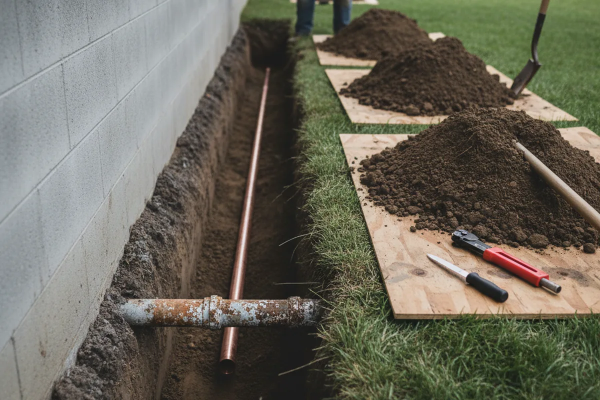 Excavated water line trench during Water Softener Installation in Pine Beach